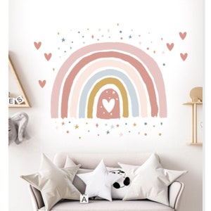 Boho Pink Rainbow and Hearts Wall Sticker Girls Room Wall Decor Nursery Wall Decal image 1