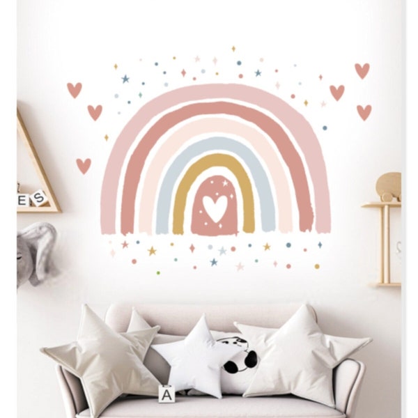 Autocollant mural Boho rose arc-en-ciel et cœurs, décoration murale pour chambre de filles, autocollant mural pour chambre d'enfant