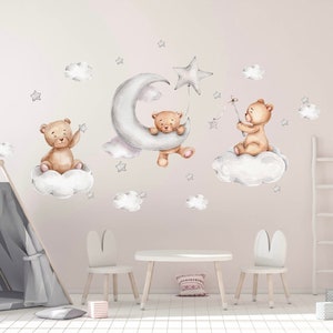 Watercolor Teddy Bear and Stars Wall Decal Kids Wall Sticker Nursery Wall Mural