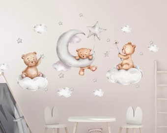 Sticker mural aquarelle ours en peluche et étoiles Sticker mural enfant Décoration murale chambre d'enfant