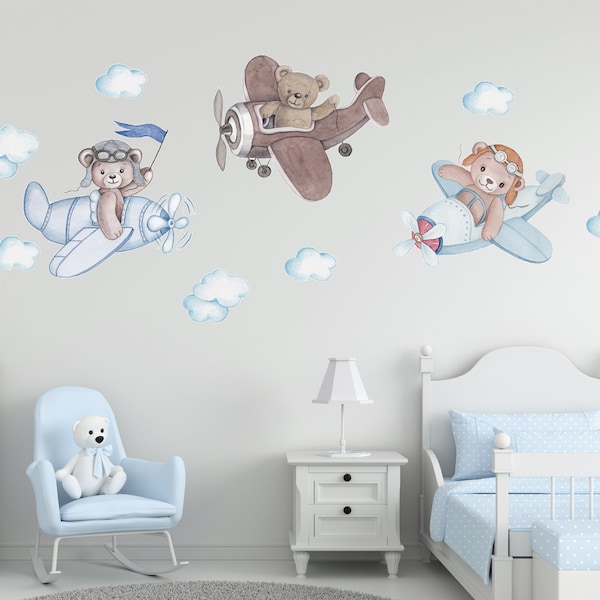 Pilot Teddy Bears Baby Boy Room Wall Decals Nursery Wall Stickers Kids Room Wall Decals