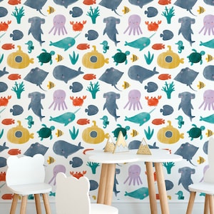 Watercolor Sea Animals Wallpaper Peel And Stick Nursey Wall Decor Kids Wall Mural Ocean Animals Wallpaper
