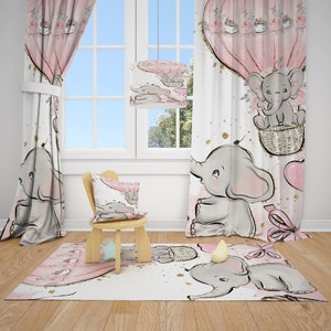 Cute Elephants and Balloons Baby Girl Room Curtain Nursery Curtains Window Curtains