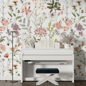 Papier peint autocollant Fleurs sauvages aquarelle, papier peint floral, décoration murale botanique
