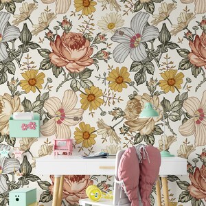 Boho Flowers Peel and Stick Wallpaper Watercolor Peony Florals Wallpaper Removable Wallpaper Botanical Floral Wallpaper
