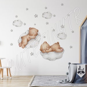 Cute Teddy Bears and Clouds Wall Sticker Boys Room Wall Decor Nursery Wall Decal