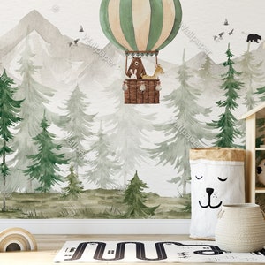 Papier peint forêt à l'aquarelle, décoration murale pour chambre d'enfant, papier peint pour enfants, montgolfière et animaux de la forêt