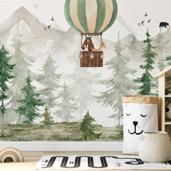 Akwarela leśna tapeta Peel And Stick Nursey Wall Decor Fototapeta dla dzieci Góry Balon na ogrzane powietrze i tapeta ze zwierzętami leśnymi