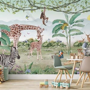 Watercolor Safari Animals Wallpaper Peel And Stick Nursey Wall Decor Safari Animals Kids Wall Mural