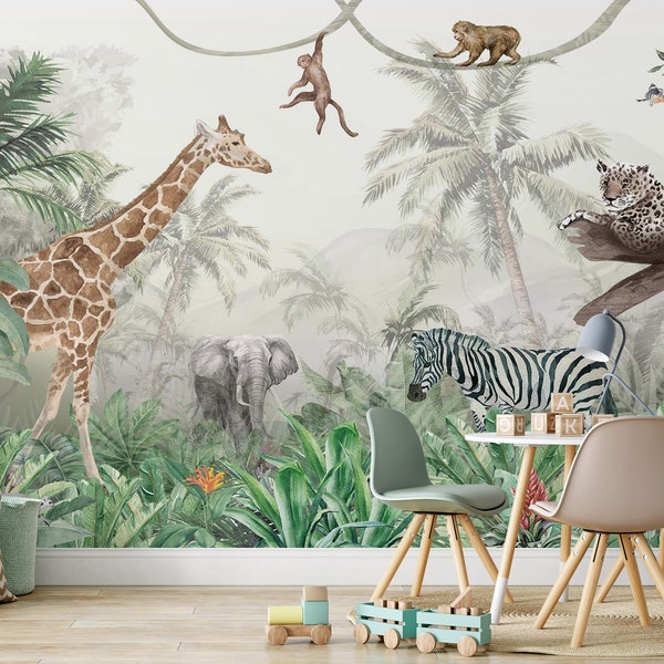 Safari dieren behang Peel en Stick Nursey Wall Decor Safari dieren Kids muur muurschildering