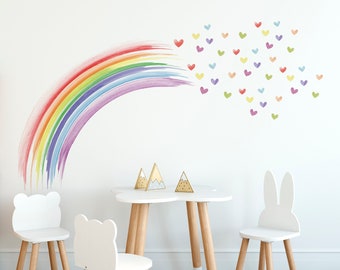 Rainbow and Hearts Wall Decal: Watercolor Nursery Wall Sticker