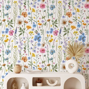 Watercolor Wildflowers Peel And Stick Wallpaper, Nursery Floral Wallpaper, Soft Garden Floral Wall Mural