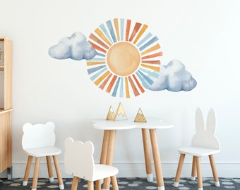 Large Boho Sun Wall Decal, Nursery Wall Decals, Gender Neutral Wall Decal, Watercolor Sun Wall Sticker, Cloud Wall Decal
