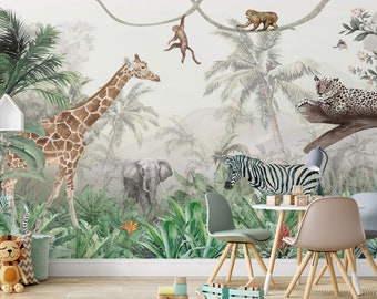 Safari Animals Wallpaper Peel And Stick Nursey Wall Decor Safari Animals Kids Wall Mural