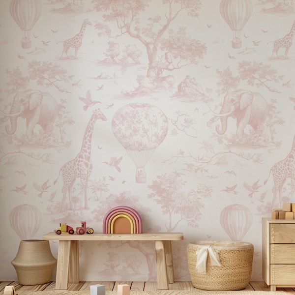 Blush rosa Safari Toile Tapete: Schälen und aufkleben Kinderzimmer Wandbild