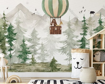 Aquarell Wald Tapete Schälen und Aufkleben Nursey Wand-Dekor Kinder Wandbild Berge Heißluftballon und Waldtiere Tapete