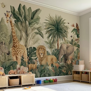 Safari Animals Wallpaper: Peel and Stick Nursery Jungle Wall Mural