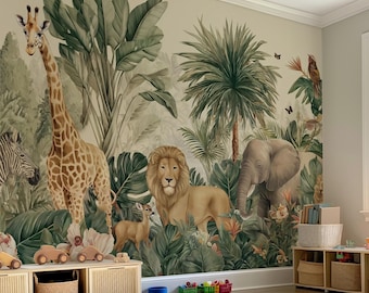 Carta da parati con animali del safari: murale da parete per cameretta dei bambini con motivo giungla e staccabile