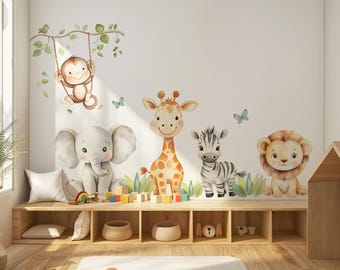 Adesivo murale con animali della savana: decorazione murale ad acquerello per la cameretta dei bambini.