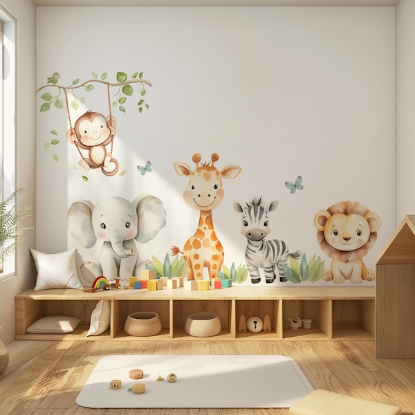 Safari Animals Wall Decal: Watercolor Nursery Wall Sticker