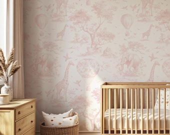 Papel pintado Safari Toile rosa empolvado: mural autoadhesivo para la habitación del bebé.