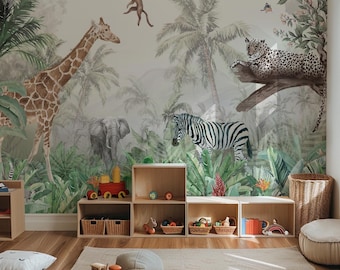 Watercolor Safari Animals Wallpaper: Peel and Stick Nursery Wall Mural