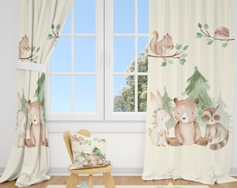 Watercolor Woodland Animals Baby Boy Room Curtain Nursery Curtains Window Curtains