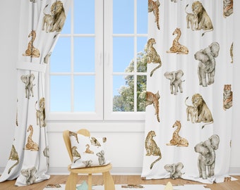 Watercolor Safari Animals Baby Boy Room Curtain Nursery Curtains Window Curtains