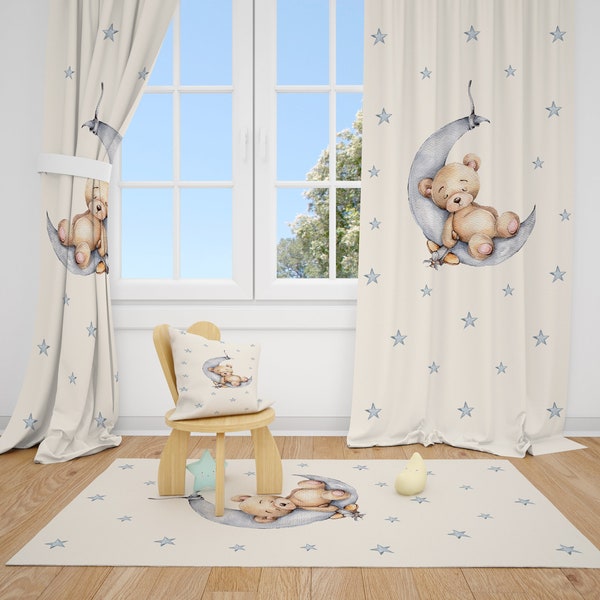 Watercolor Teddy Bear and Moon Baby Boy Room Curtain Nursery Curtains Window Curtains