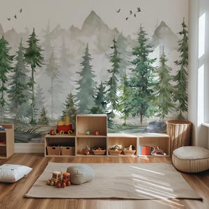 Watercolor Forest and Mountain Wallpaper: Peel and Stick Tree Nursery Wall Mural