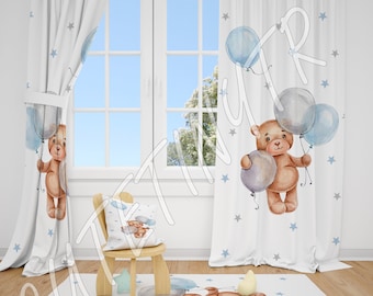 Rideaux pour chambre de bébé garçon, ours en peluche mignon et ballons, rideaux pour chambre de bébé, rideaux de fenêtre