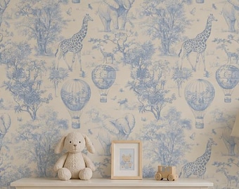 Blue Safari Toile Wallpaper: Peel and Stick Nursery Wall Mural
