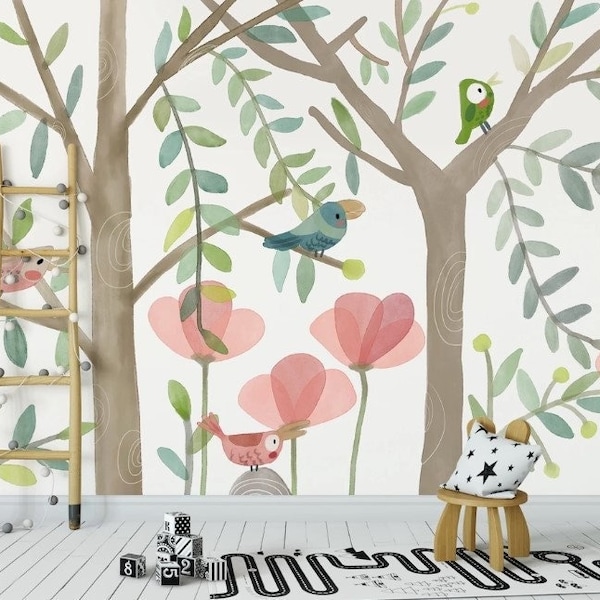 Birds and Trees Wallpaper Nursery Girl Wallpaper Baby Room Wallpaper