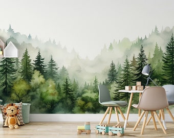 Forest and Pine Trees Peel And Stick Wallpaper Nursey Wall Mural Kids Wall Decal Green Forest Wallpaper