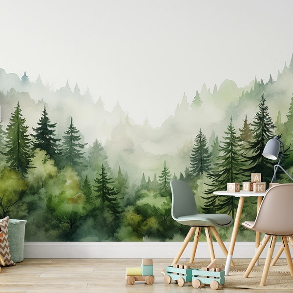 Wald- und Kiefernbäume, Tapete zum Abziehen und Aufkleben, Kinderzimmer-Wandbild, Wandtattoo für Kinder, grüne Wald-Tapete
