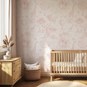 Blush Pink Safari Toile-tapet: Skalbar och självhäftande väggmålning för barnrum bild 4