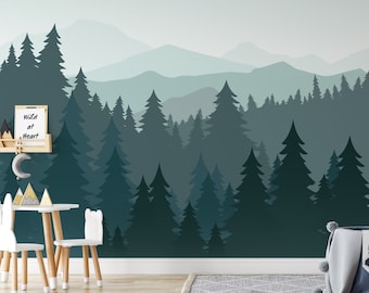 Mountain and Forest Peel and Stick Wallpaper, Mountain Wall Decal, Woodland Wall Mural, Pine Tree Wall Decal,