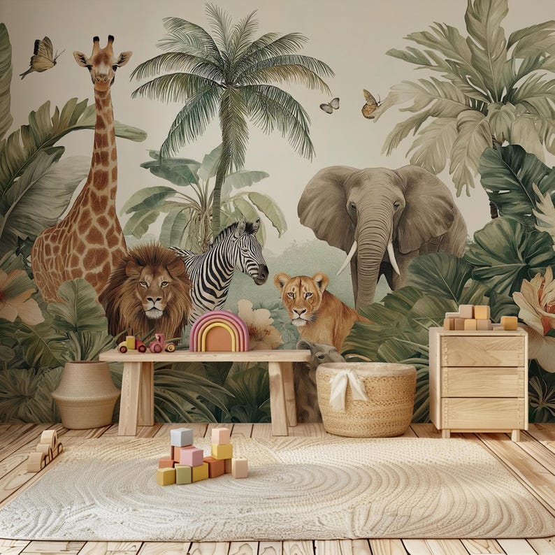 Watercolor Safari Animals Wallpaper: Peel and Stick Nursery Wall Mural ...