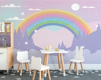 Weicher Regenbogen und Berge Wallpaper Schälen und Aufkleben Mädchen Nursey Wand-Dekor Kinder Wandbild Rosa Regenbogen Wallpaper