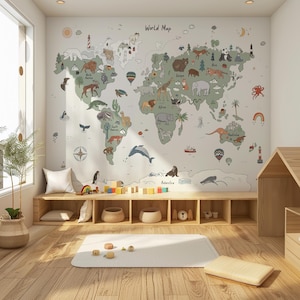 May include: A playroom featuring a world map mural with animal illustrations. The map is in green and beige tones. Wooden shelves display toys and baskets, with a white rug on the wooden floor. The text "World Map" is visible.