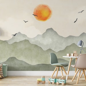 Boho Mountains and Sun Nursery Wallpaper, Watercolor Mountains Wallpaper, Kids Wall Mural