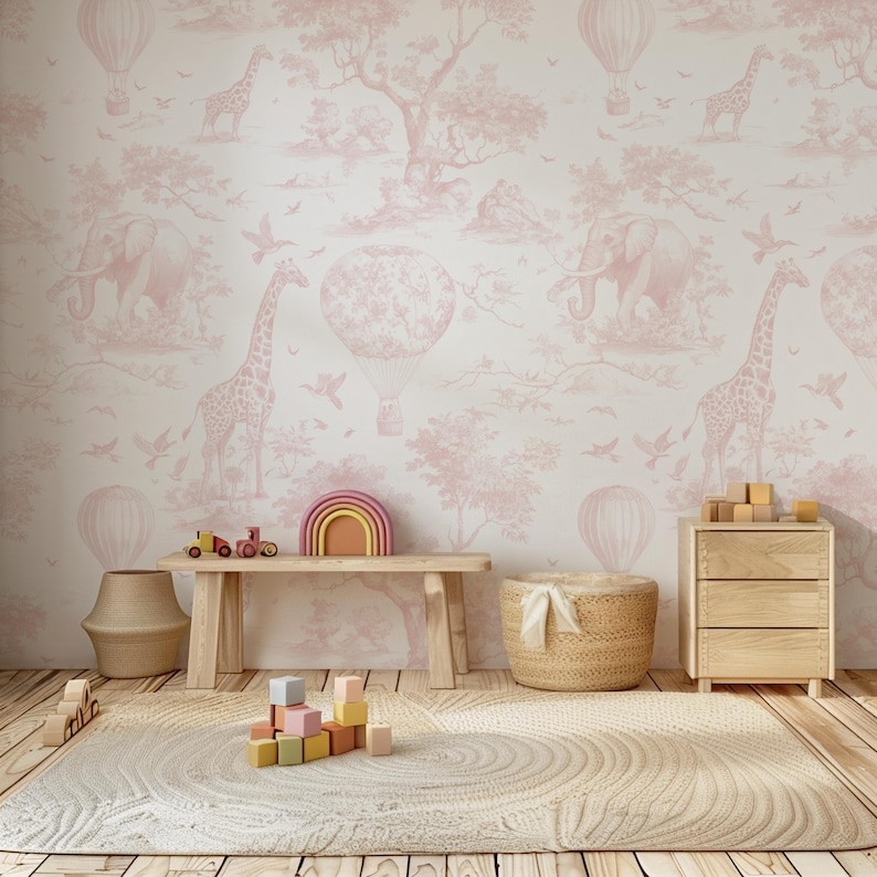 Blush Pink Safari Toile-tapet: Skalbar och självhäftande väggmålning för barnrum bild 1