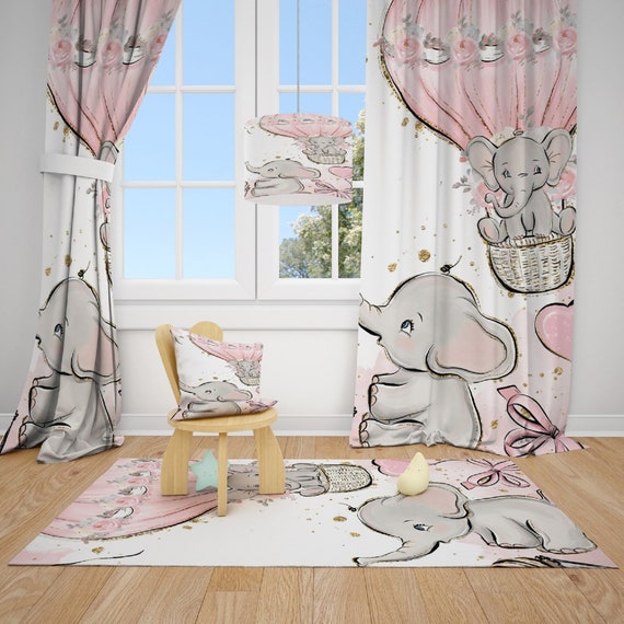 Cute Elephants And Balloons Baby Girl Room Curtain Nursery Cute Elephants And Balloons Baby Girl, Little Girl Curtains