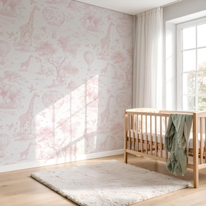 Blush Pink Safari Toile-tapet: Skalbar och självhäftande väggmålning för barnrum bild 6