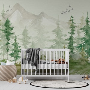Mountain and Trees Peel and Stick Wallpaper, Nursery Self Adhesive Wall Mural, Kids Wallpaper, Forest Pine Tree Wall Decal