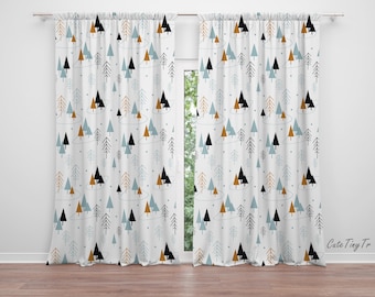 May include: A pair of white curtains with a repeating pattern of stylized trees in blue, black, and orange. The trees are arranged in a random pattern on a white background.