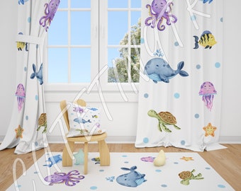 Watercolor Sea Animals Baby Boy Room Curtain Nursery Curtains Window Curtains