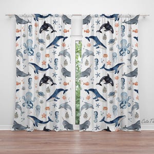 Watercolor Underwater Animals Baby Boy Room Curtain Nursery Curtains Window Curtains