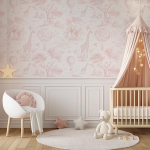 Blush Pink Safari Toile-tapet: Skalbar och självhäftande väggmålning för barnrum bild 3