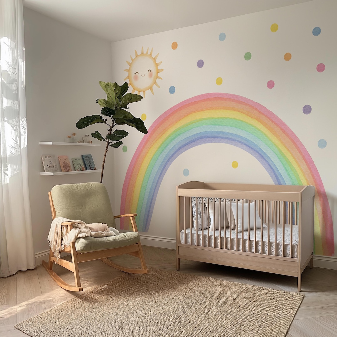 Pastel Rainbow Sun and Polka Dots Wall Decal, Nursery Wall Sticker ...